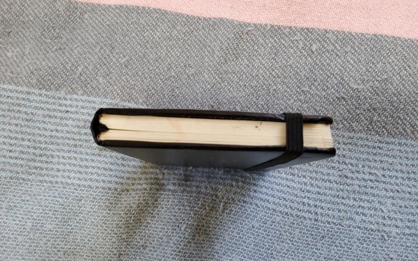 [ID: yet another photo of tiny notebook, but now looking at it from the top down. a black built-in bookmark ribbon is tucked inside it almost halfway through. End ID.]